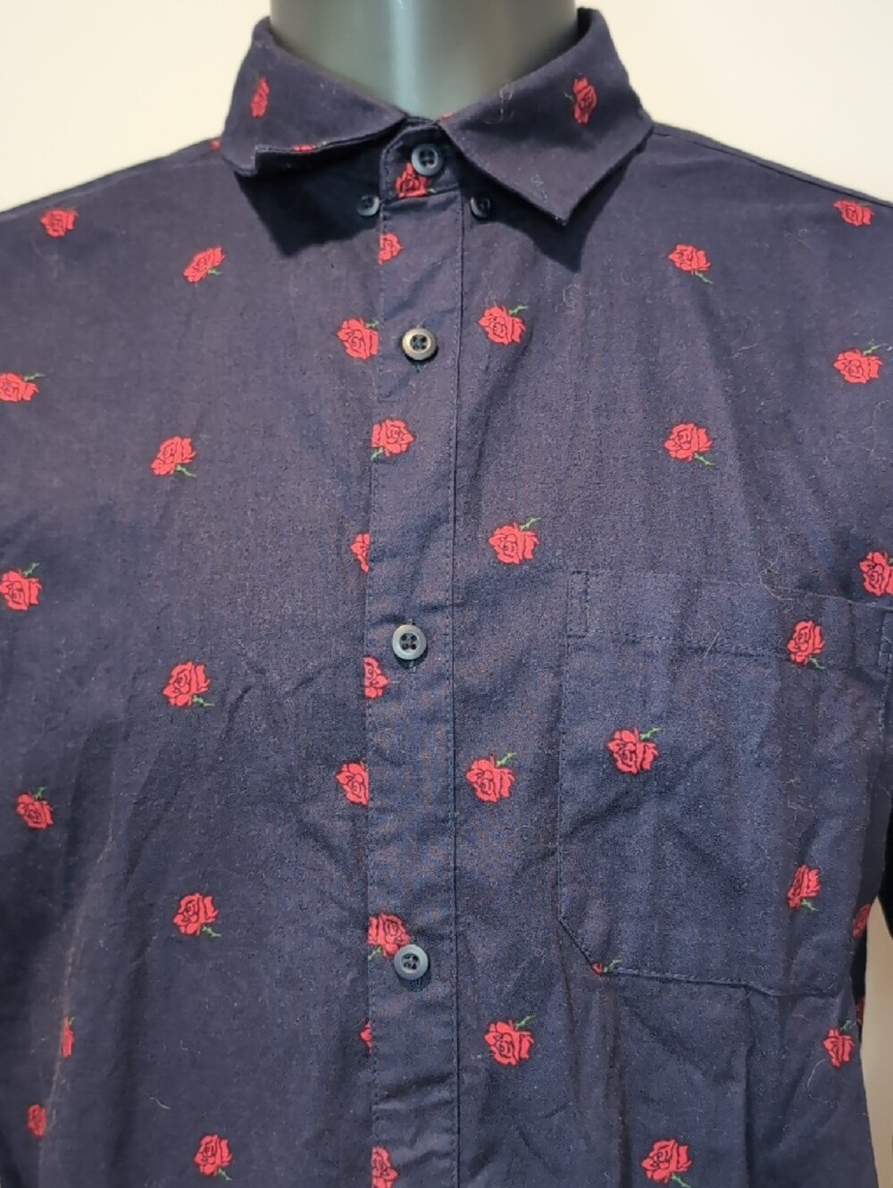 Simons DJAB Navy Blue Red Rose Pattern Button Down Shirt Large Long Sleeves